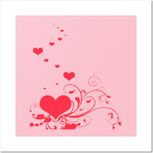 Red Hearts And Curlicue Leaves With Love Posters and Art